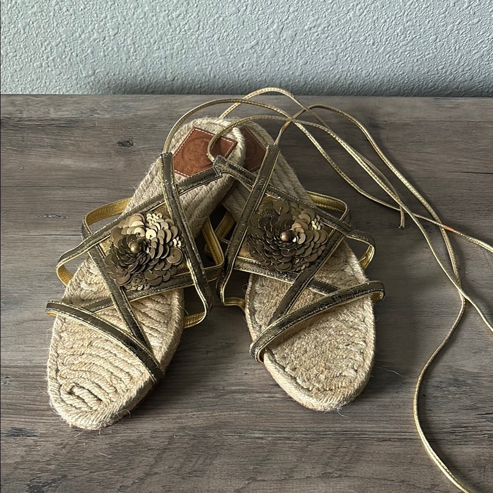 Tory Burch Flower Gold Strappy Espadrille Sandals
